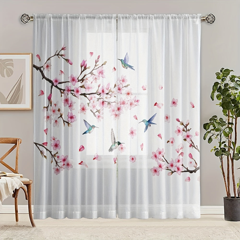 2pcs Plum Blossom & Bird Print Semi-sheer Curtains, Rod Pocket Decorative Window Curtains, Window Treatments For Bedroom Living Room, Home Decoration, Room Decoration